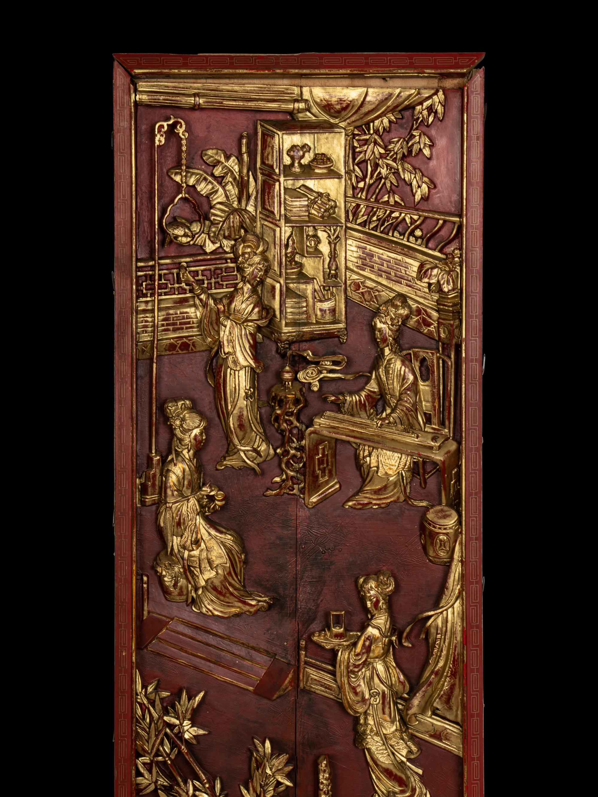 Two Pairs of Chinese Gilt and Red Lacquered Wood Panels