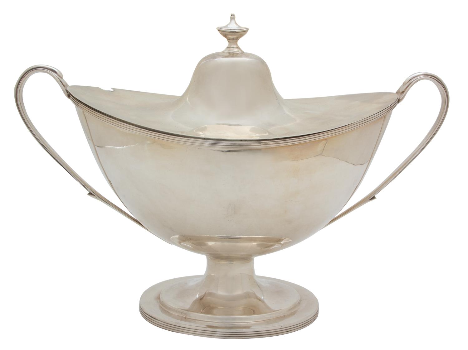 An English Silver Covered Tureen, William Hutton & Sons, Ltd., Sheffield, 1907, of oval form with loop handles