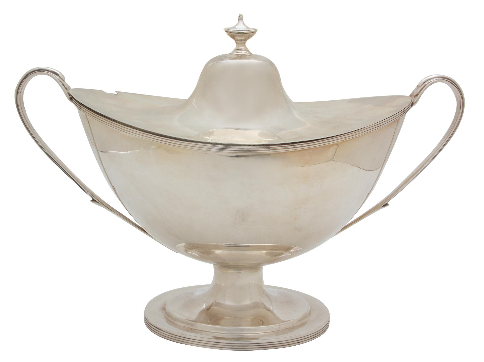An English Silver Covered Tureen, William Hutton & Sons, Ltd., Sheffield, 1907, of oval form with loop handles