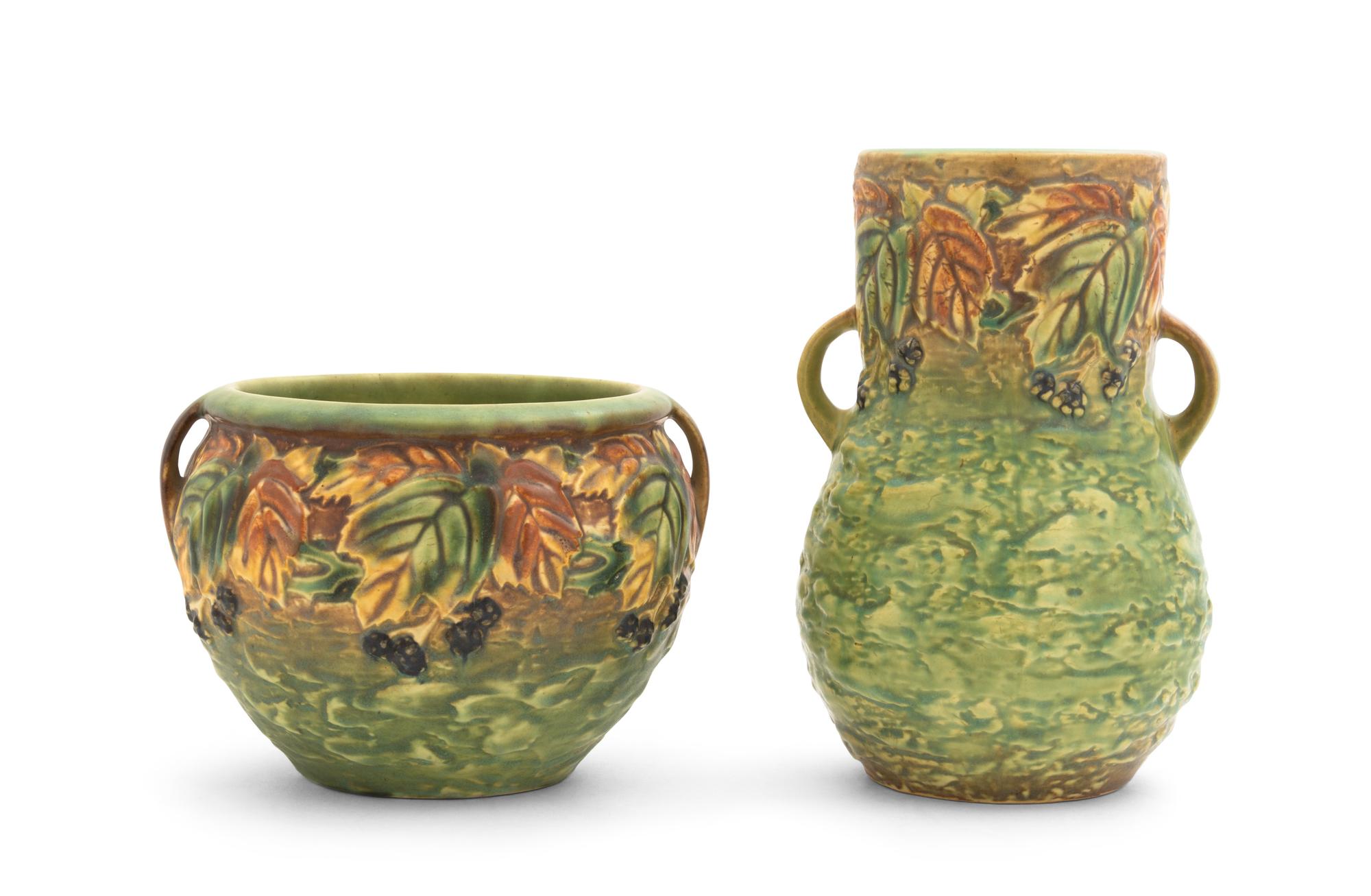 Two Roseville Blackberry Pottery Articles Height of first 8 inches, second 5 inches.
