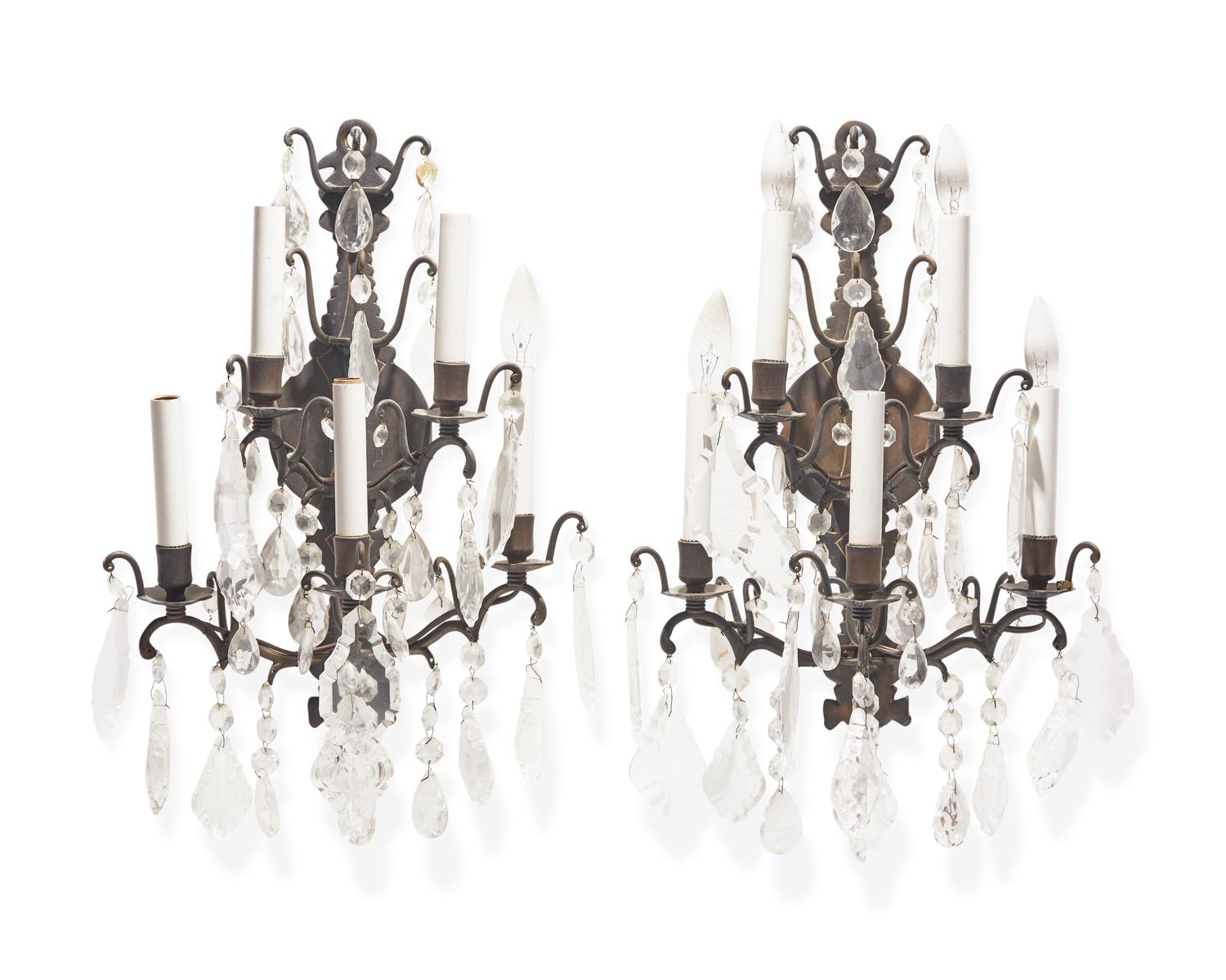 A pair of Italian bronze and crystal wall sconces, 20th century