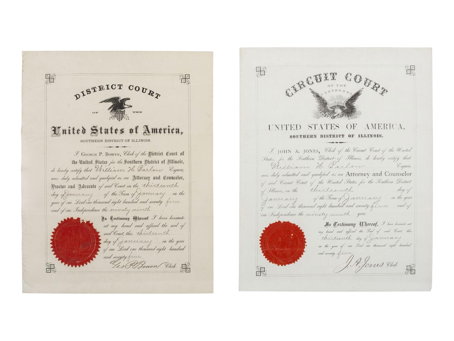 [CIVIL WAR - POLITICS]. A group of 5 documents identified to William Barlow incl. appointments signed by Andrew JOHNSON and Ulysses S. GRANT.