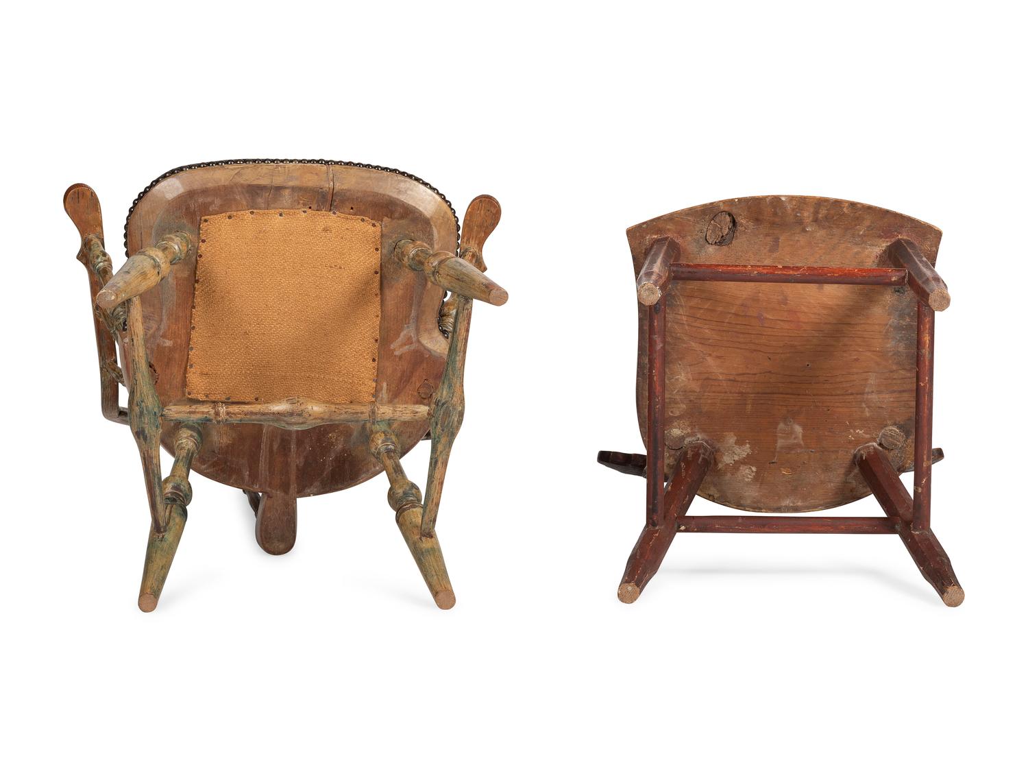 A Carved and Yellow-Painted Wood Leather Upholstered Brace Back Continuous Windsor Armchair