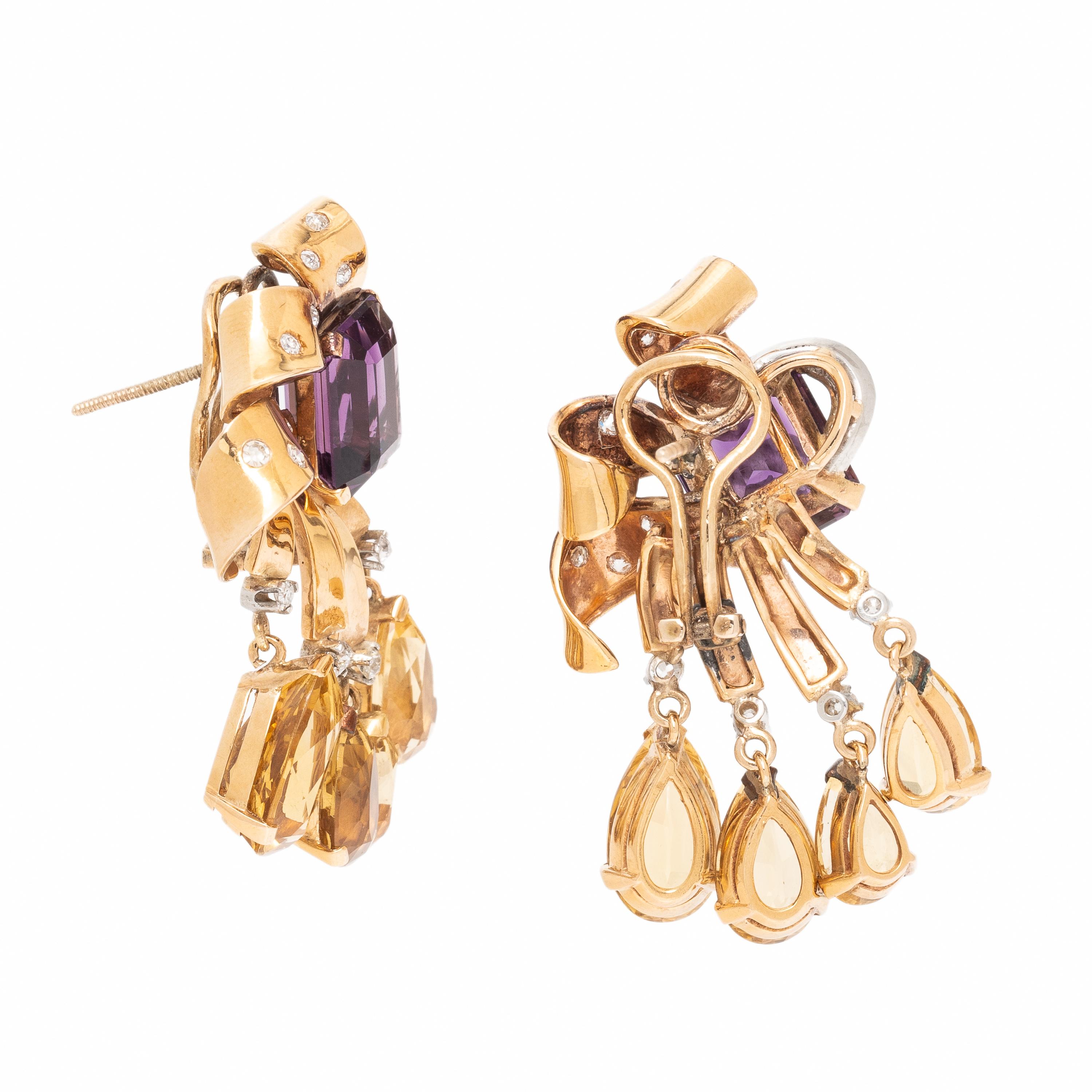Retro, Amethyst, Citrine, Diamond, and Rose Gold Earrings