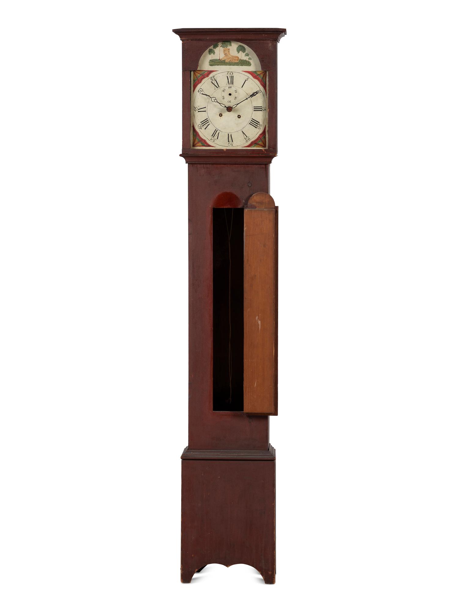 A Country Chippendale Red Painted Pine Wooden Works Tall Case Clock