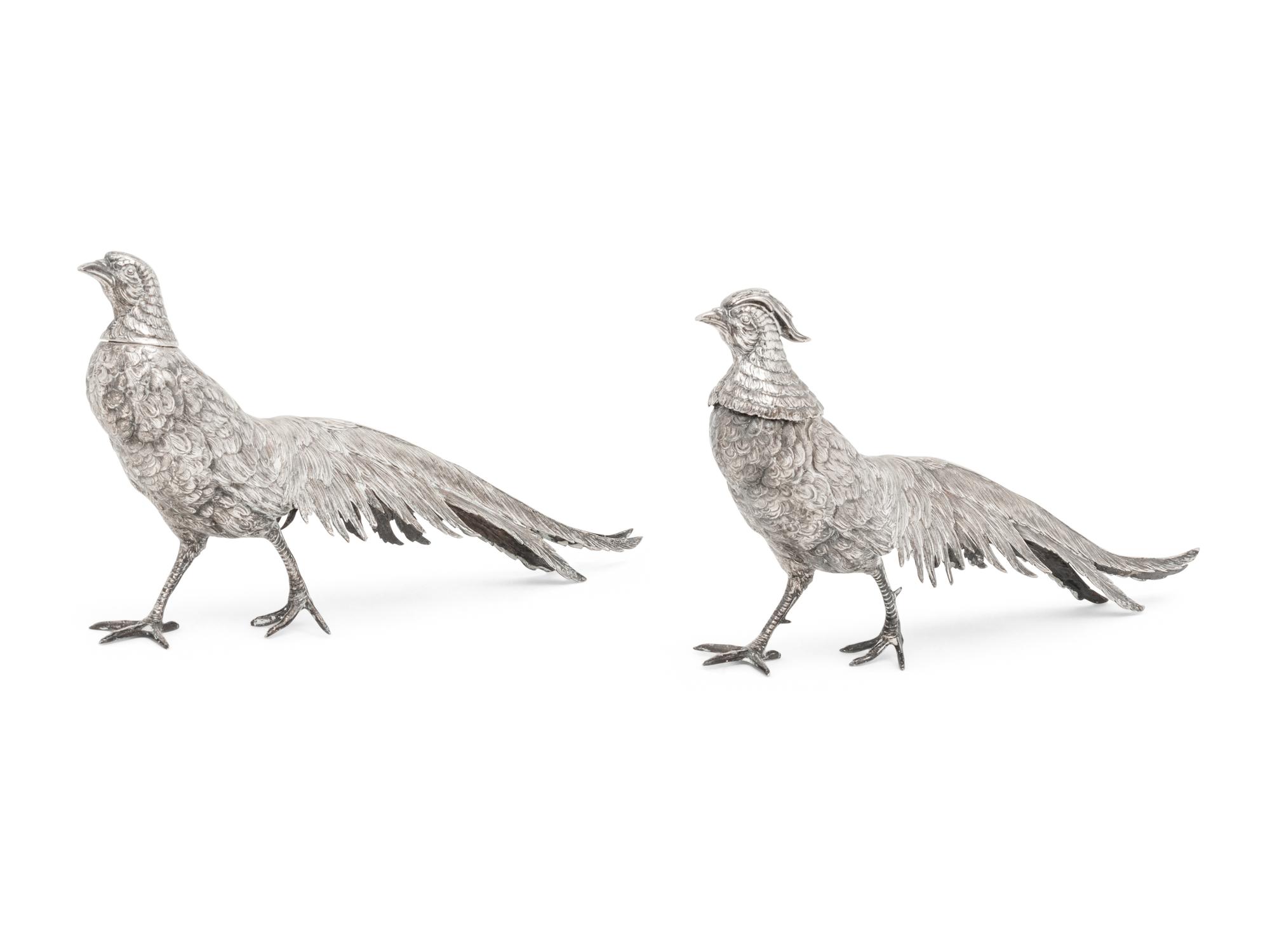 A Pair of German Silver Pheasant Table Ornaments