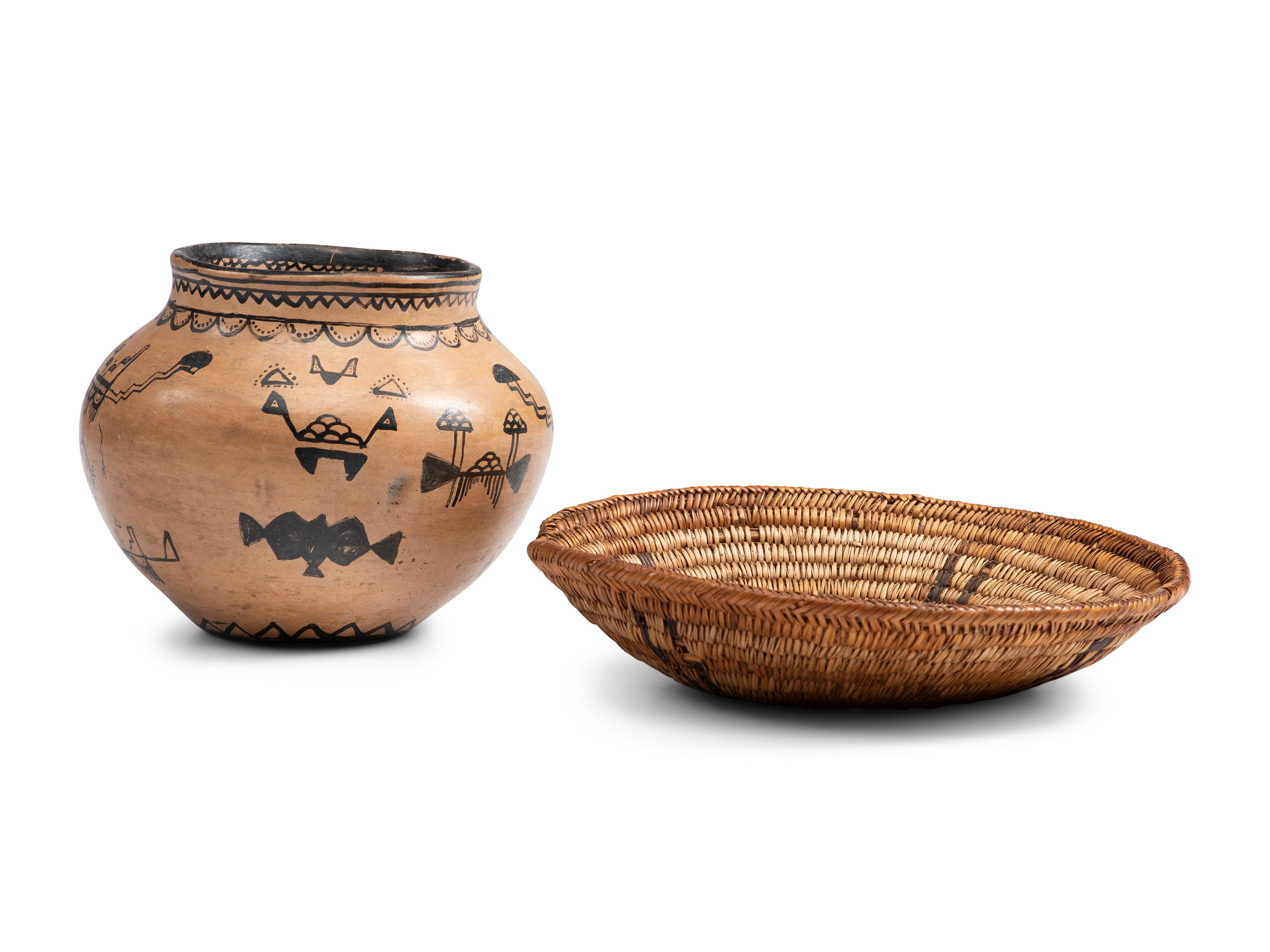 Cochiti Figural Pottery Jar and Navajo Basket