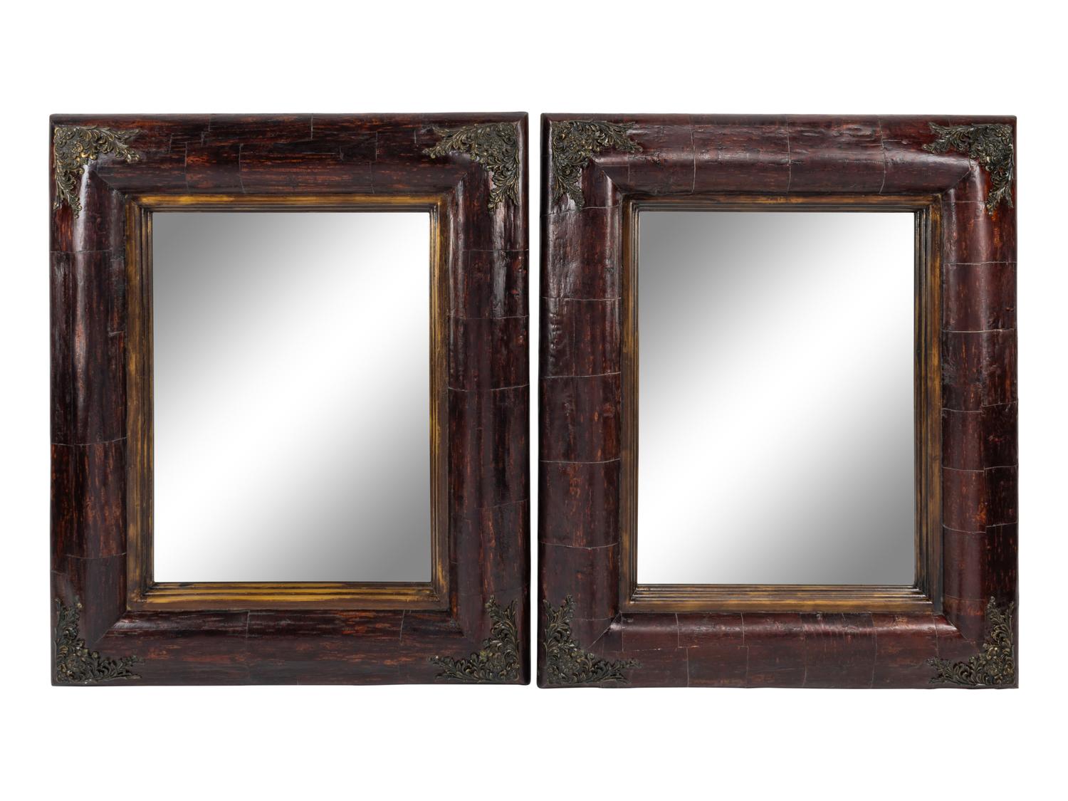 A Pair of Continental Metal Mounted Bark-Veneered Mirrors