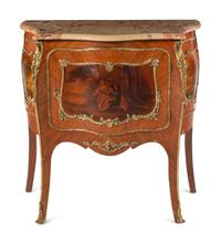 A Louis XV Style Gilt Bronze Mounted Kingwood and Vernis Martin Marble-Top Commode