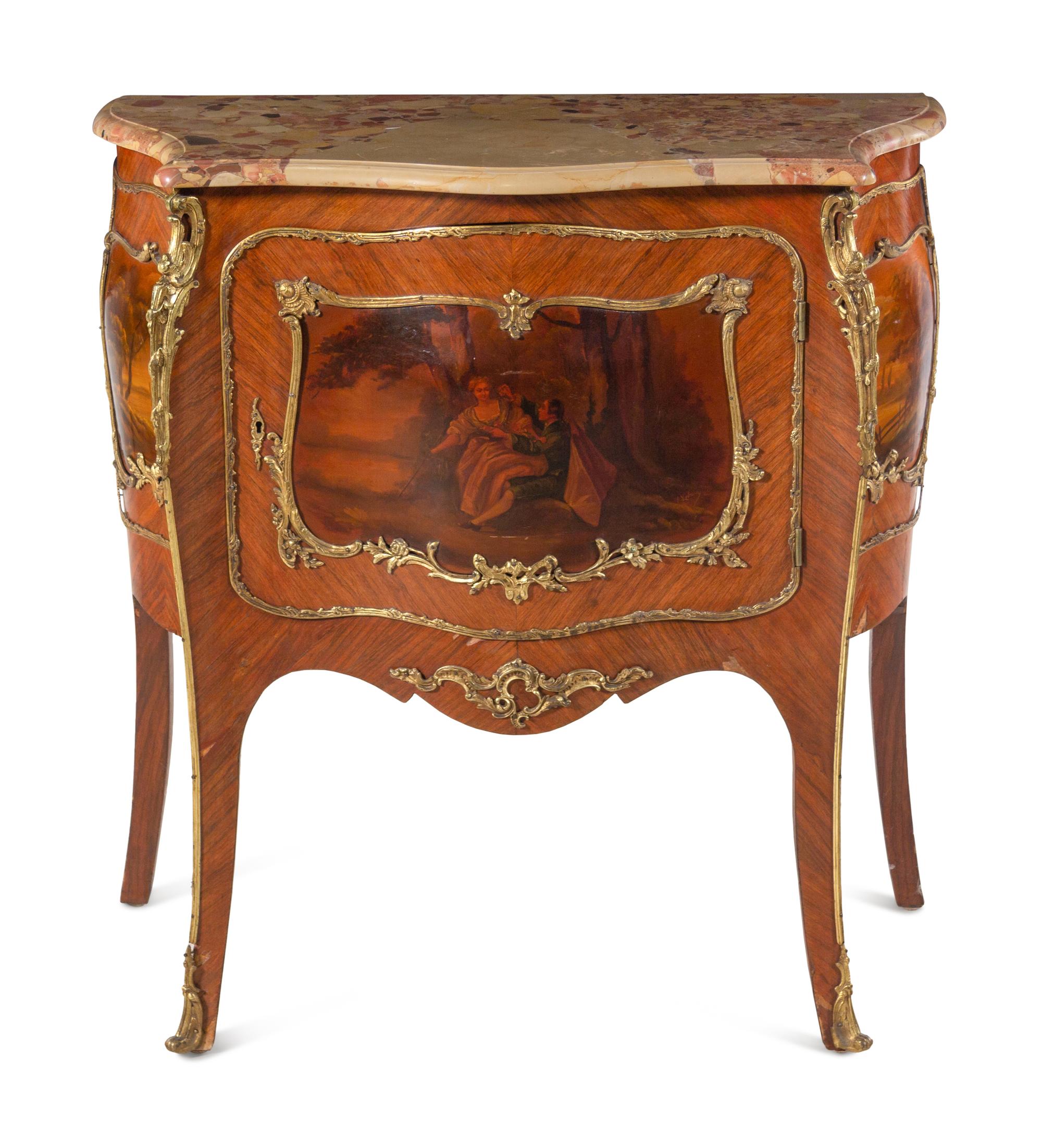 A Louis XV Style Gilt Bronze Mounted Kingwood and Vernis Martin Marble-Top Commode