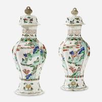 A Pair of Chinese Famille Verte-Decorated Porcelain Baluster Vases and Covers Kangxi period