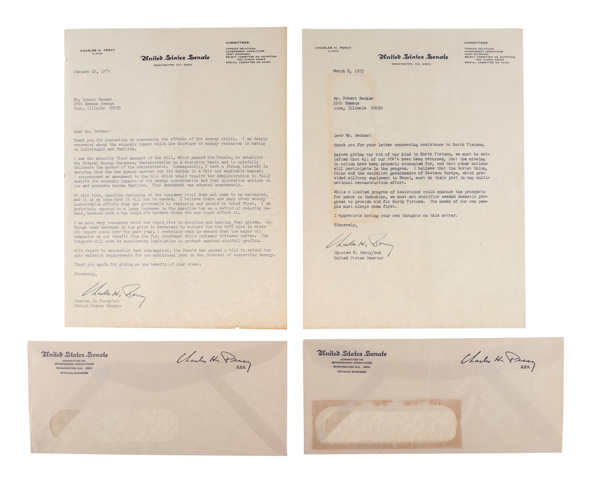 [POLITICS]. Political correspondence archive relating to important 1960s and 1970s issues and addressed to Major Robert H. Becker (1924-2014), USAF Retired.
