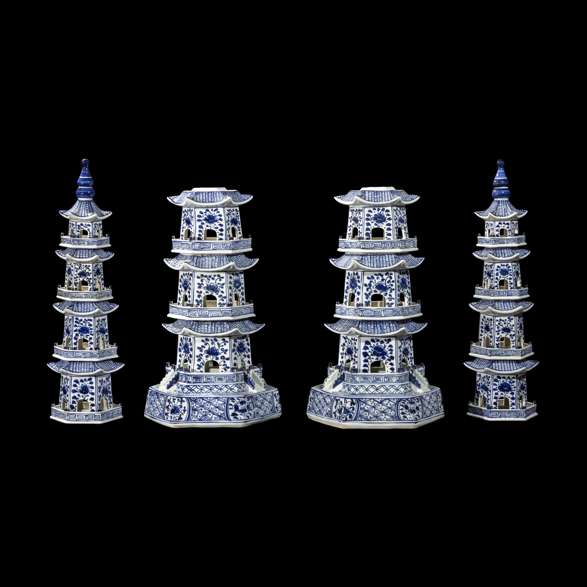 A Pair of Chinese Blue and White Porcelain Pagodas