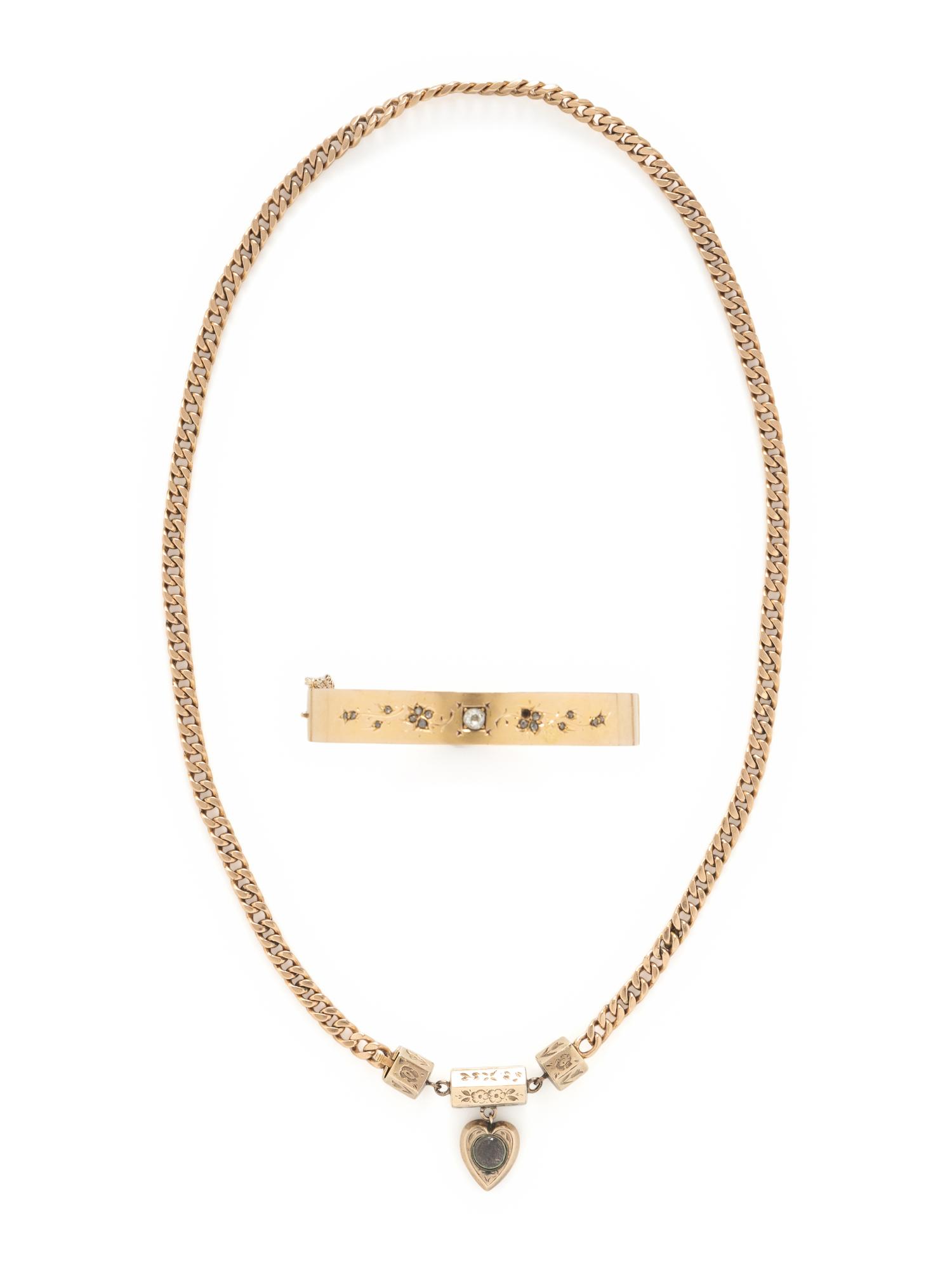 VICTORIAN, YELLOW GOLD MOURNING NECKLACE AND DIAMOND BANGLE BRACELET