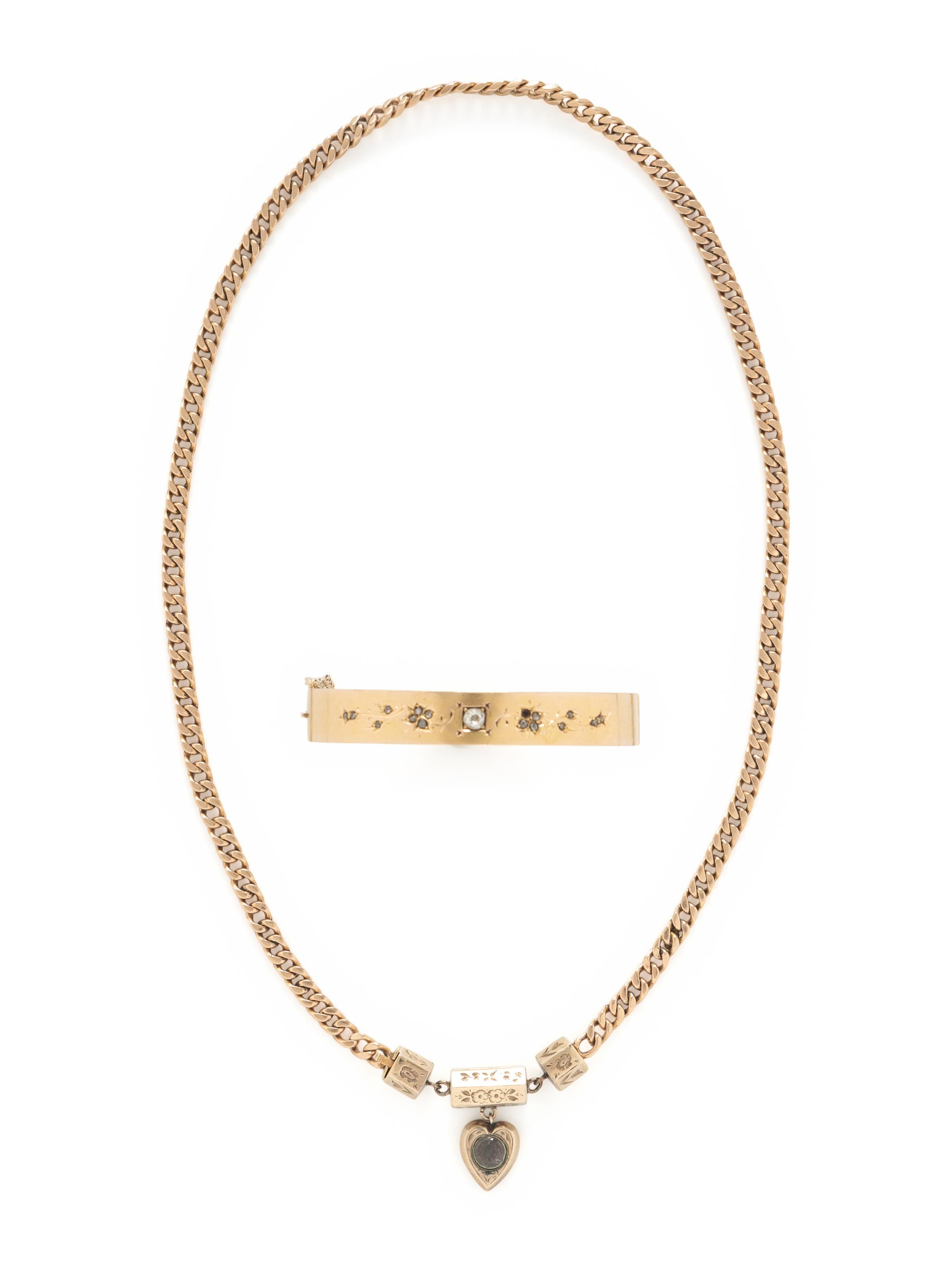 VICTORIAN, YELLOW GOLD MOURNING NECKLACE AND DIAMOND BANGLE BRACELET