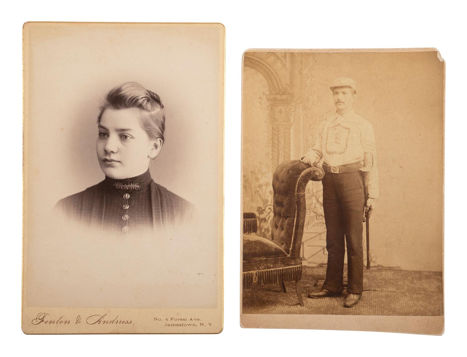 [1884 ELECTION]. A collection of cabinet cards and CDV from the 1884 election including portraits with Blaine or Cleveland ephemera, featuring a "Blaine and Logan" campaign building.