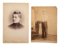 [1884 ELECTION]. A collection of cabinet cards and CDV from the 1884 election including portraits with Blaine or Cleveland ephemera, featuring a "Blaine and Logan" campaign building.