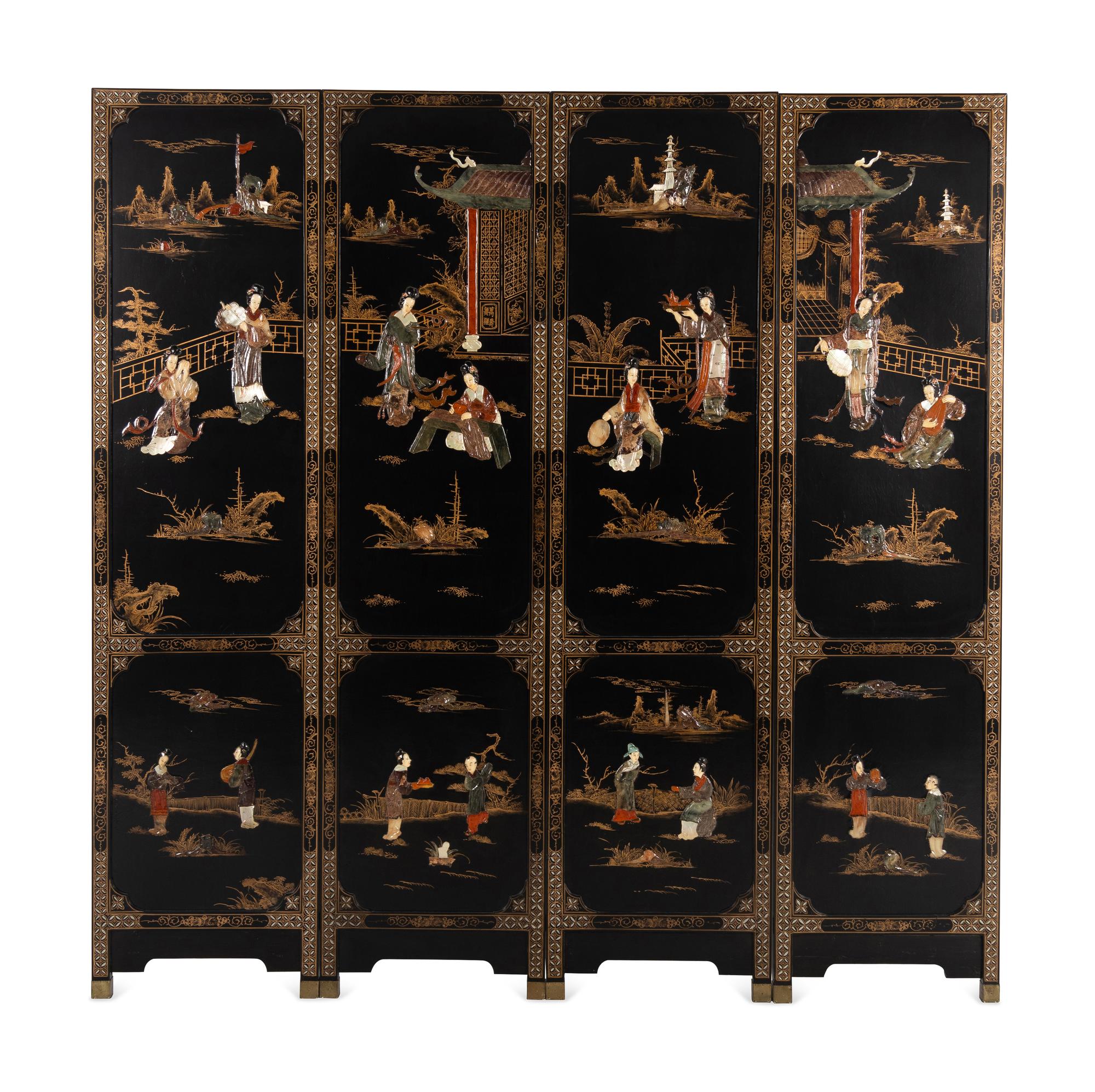 Four Chinese Export Hardstone-Inlaid Screen Panels