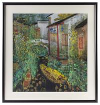 Fang Xiang, (Chinese, b. 1967), depicting two boats under a bridge in a river between houses and trees