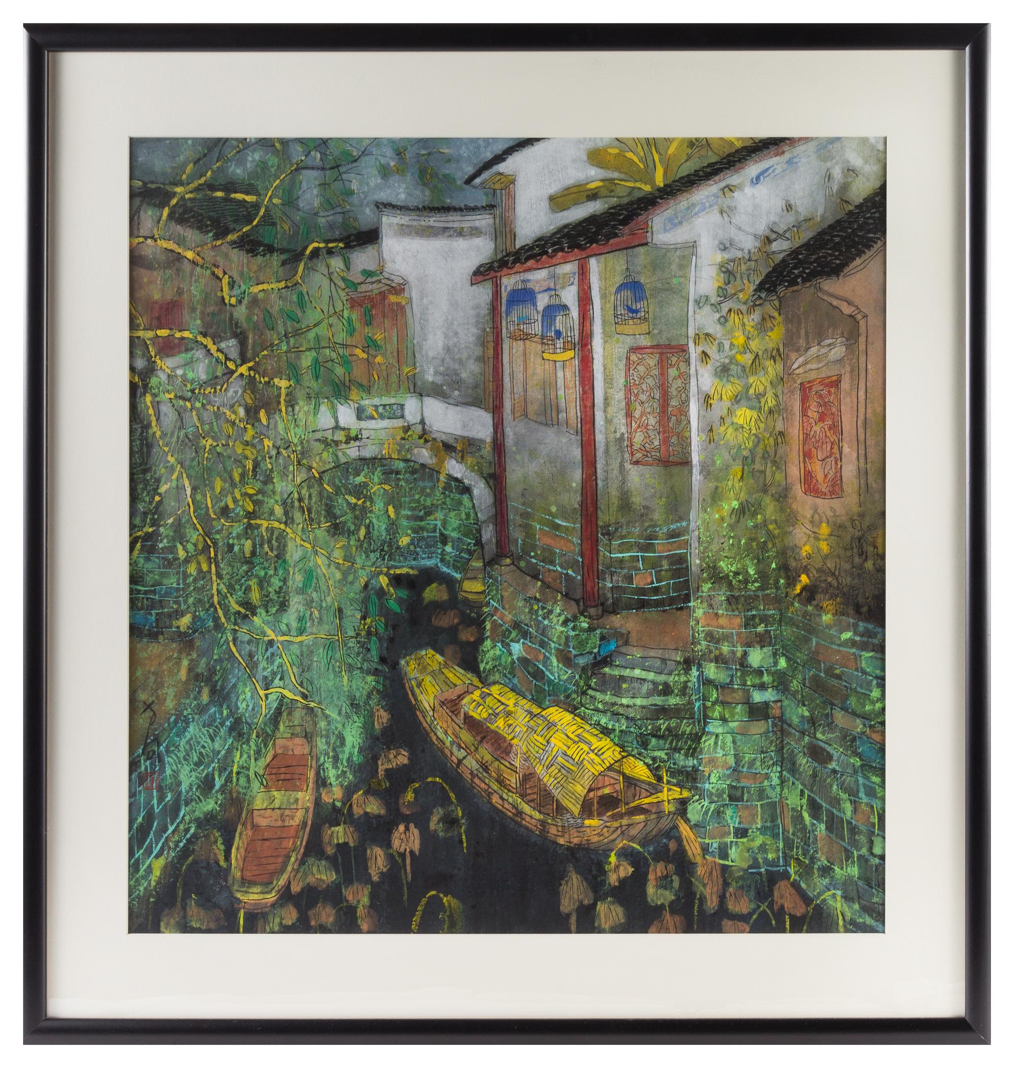 Fang Xiang, (Chinese, b. 1967), depicting two boats under a bridge in a river between houses and trees