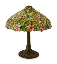 An American Leaded Glass and Patinated Metal Table Lamp