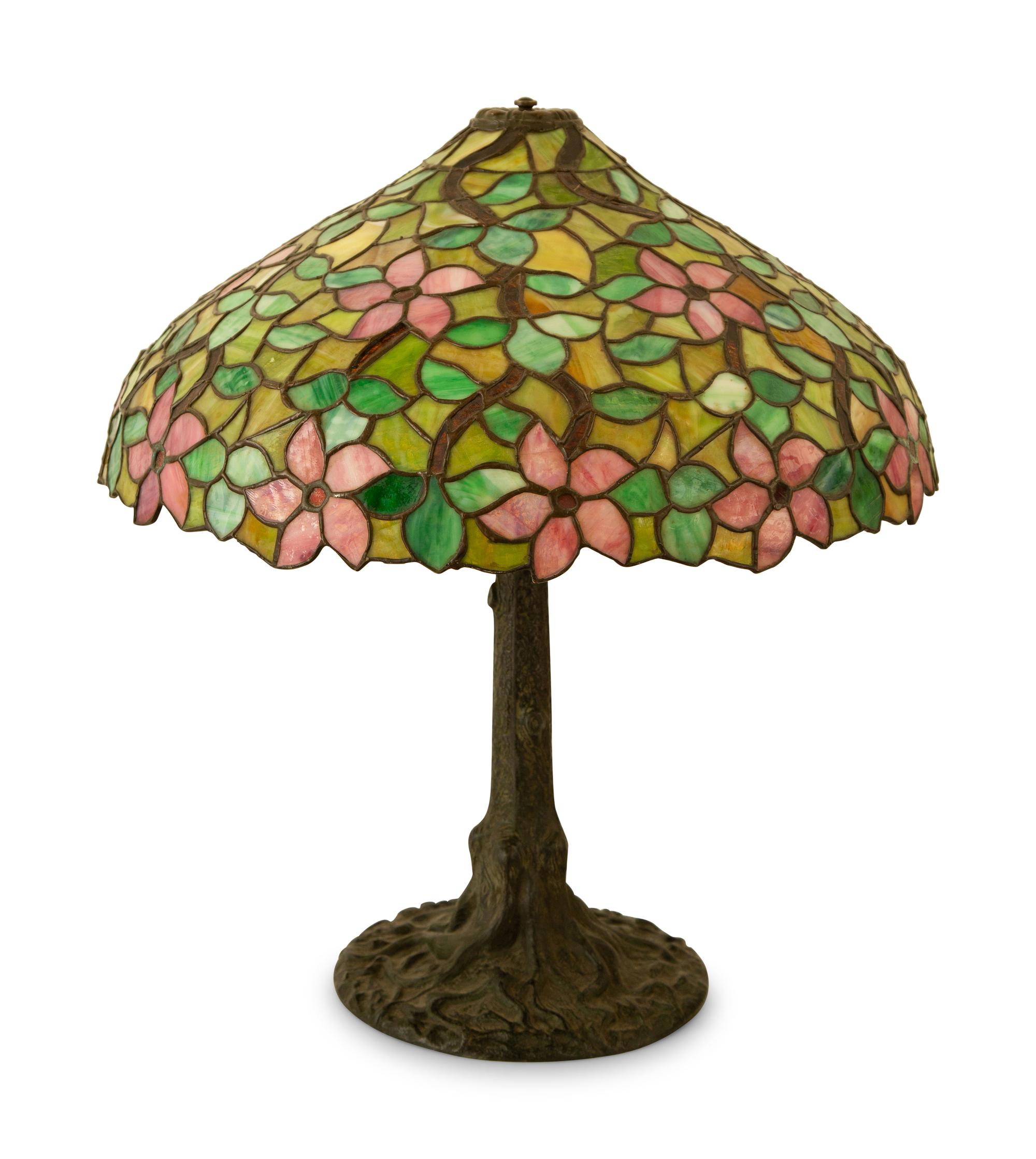 An American Leaded Glass and Patinated Metal Table Lamp