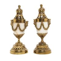 A Pair of Louis XV Style Gilt Metal Mounted Marble Cassolettes, Height 7 7/8 inches.