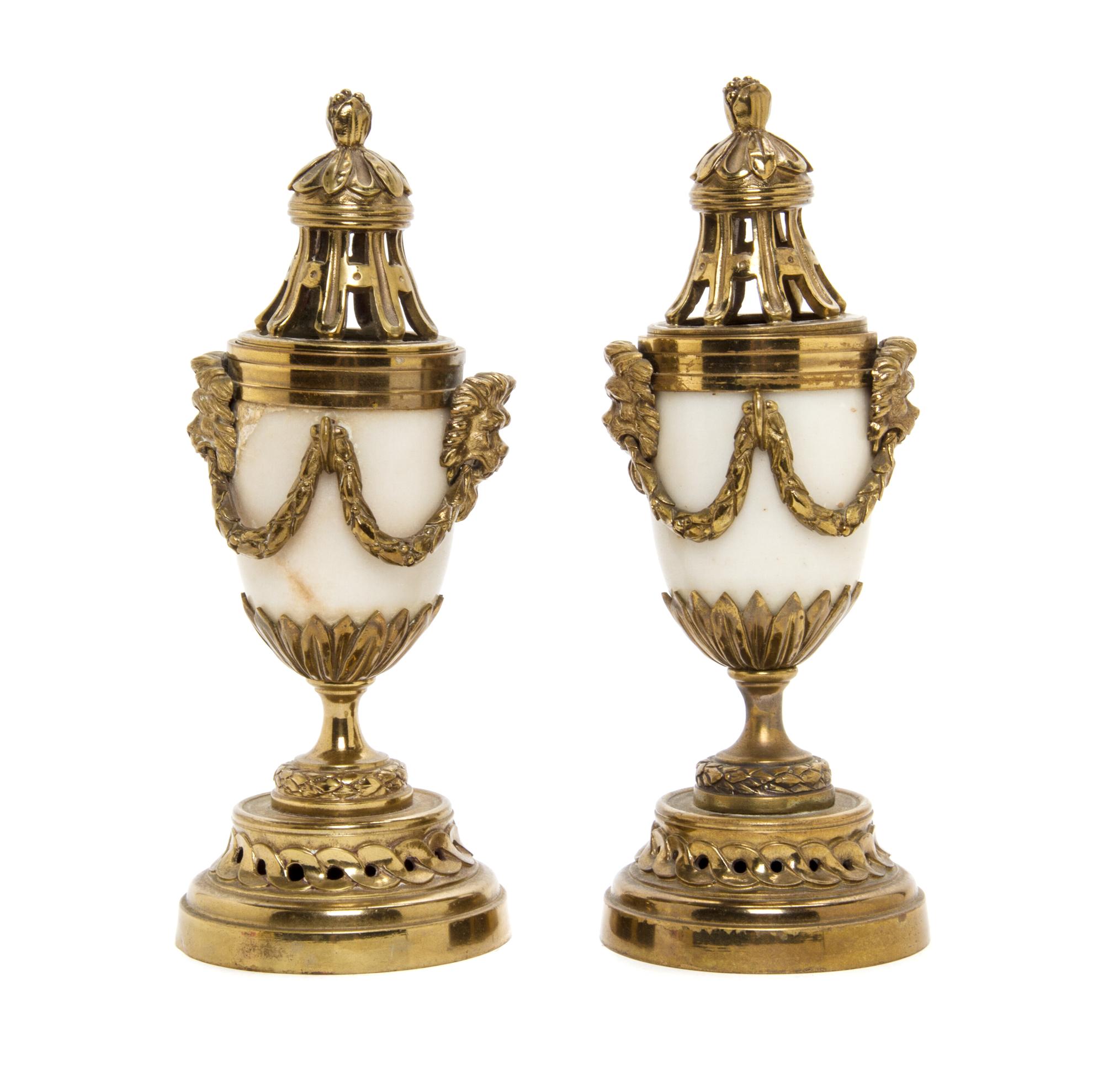 A Pair of Louis XV Style Gilt Metal Mounted Marble Cassolettes, Height 7 7/8 inches.