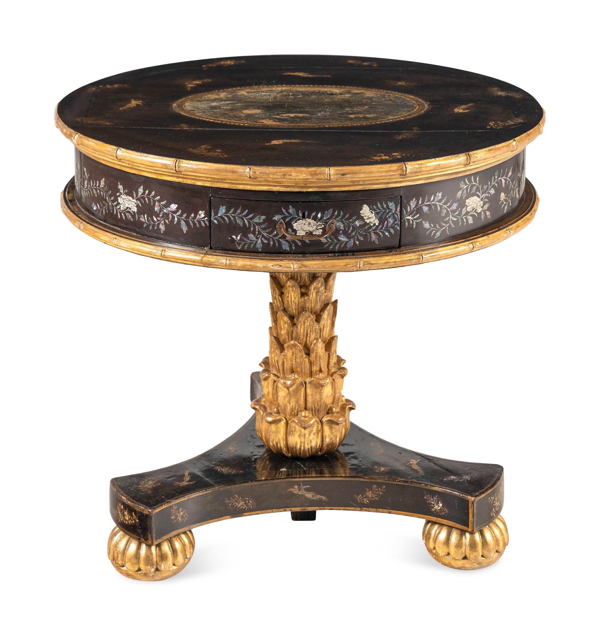 A Japanese Export Mother-of-Pearl and Abalone Inlaid Black Lacquer and Parcel Gilt Center Table