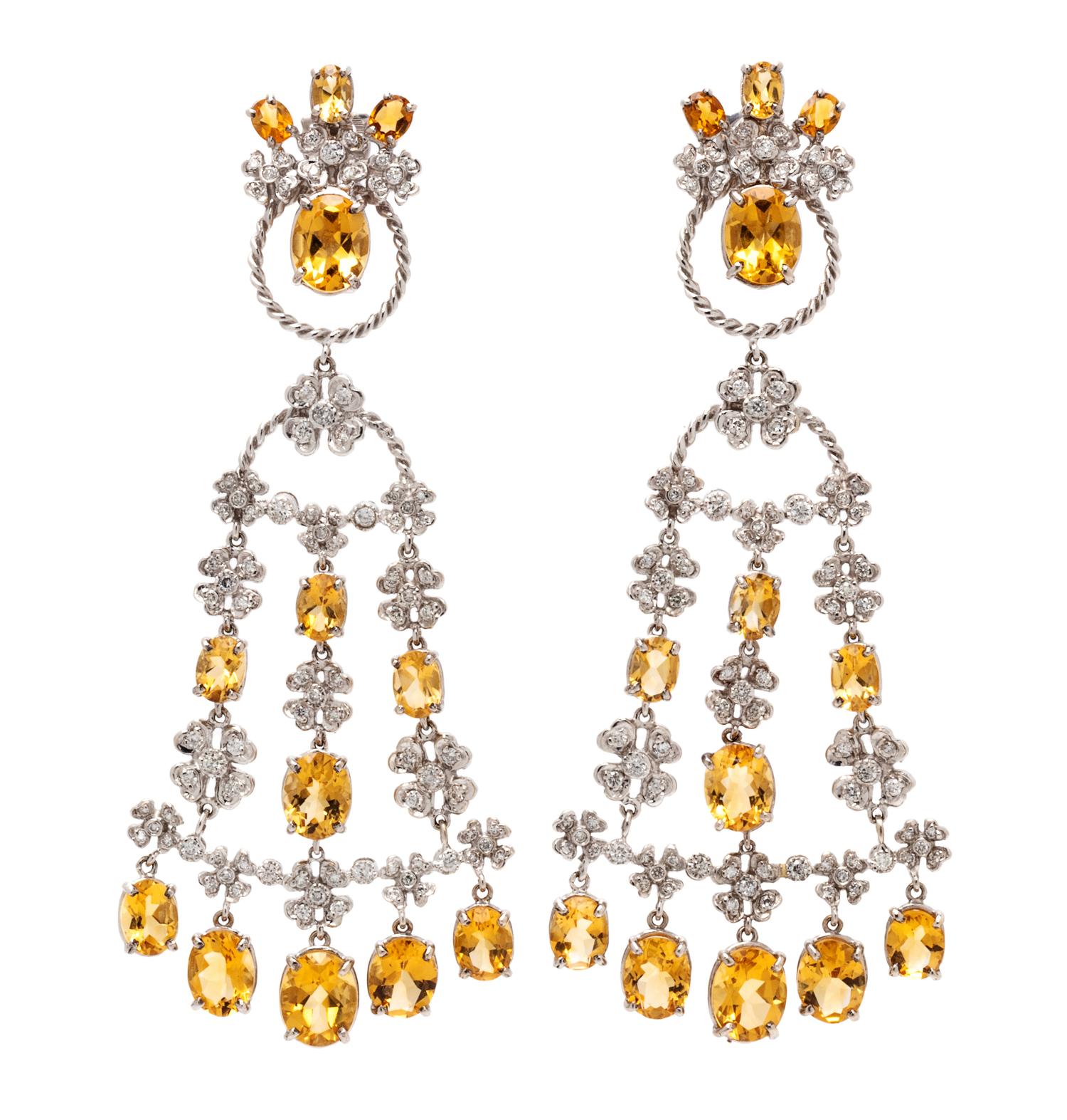 A Pair of 18 Karat White Gold, Citrine and Diamond Chandelier Earclips, 31.30 dwts.
