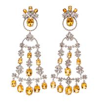 A Pair of 18 Karat White Gold, Citrine and Diamond Chandelier Earclips, 31.30 dwts.