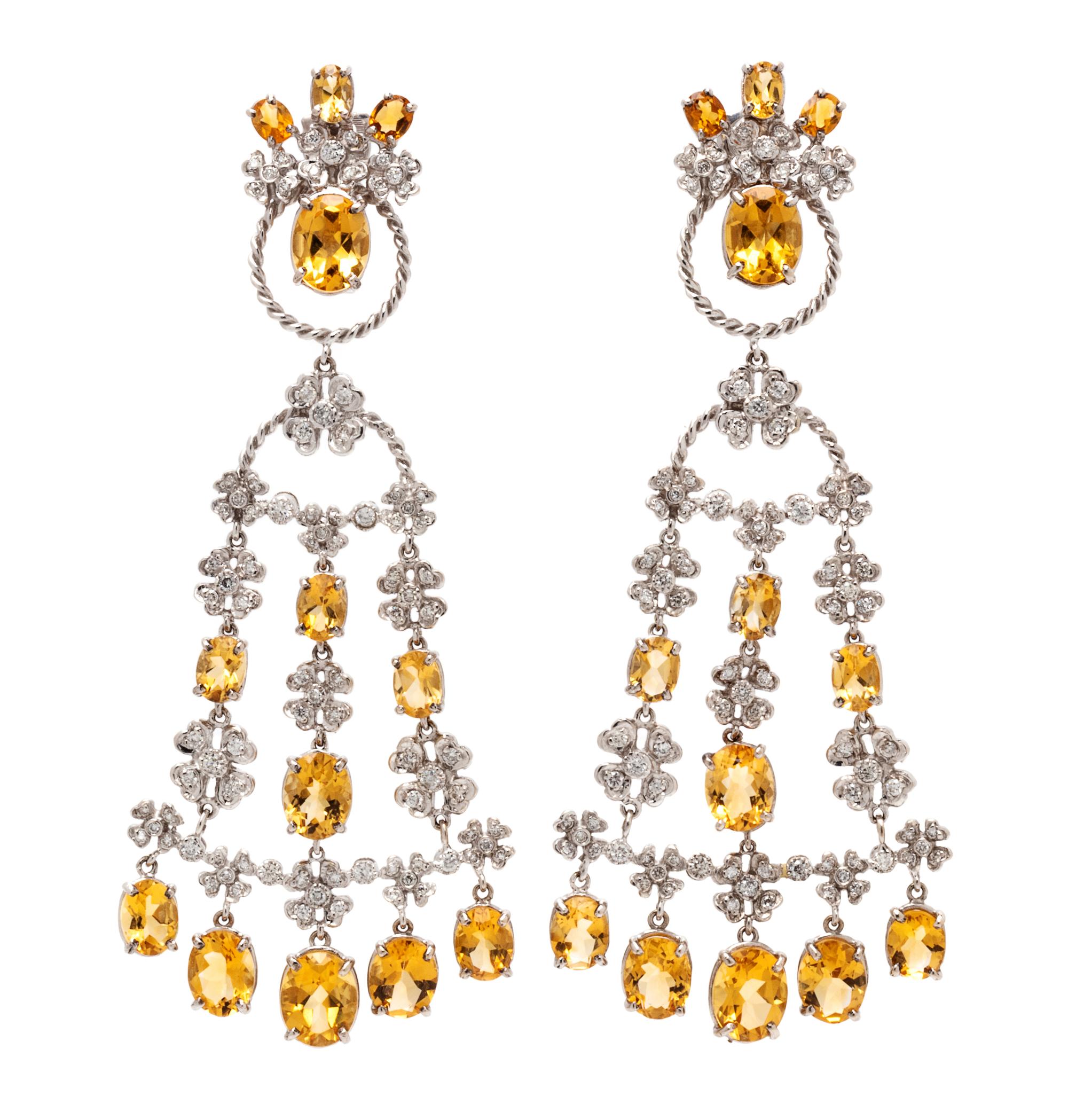 A Pair of 18 Karat White Gold, Citrine and Diamond Chandelier Earclips, 31.30 dwts.