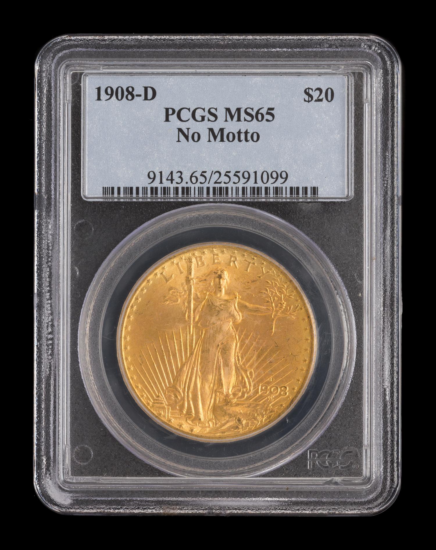 A United States 1908-D Saint-Gaudens: No Motto $20 Gold Coin