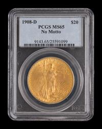 A United States 1908-D Saint-Gaudens: No Motto $20 Gold Coin