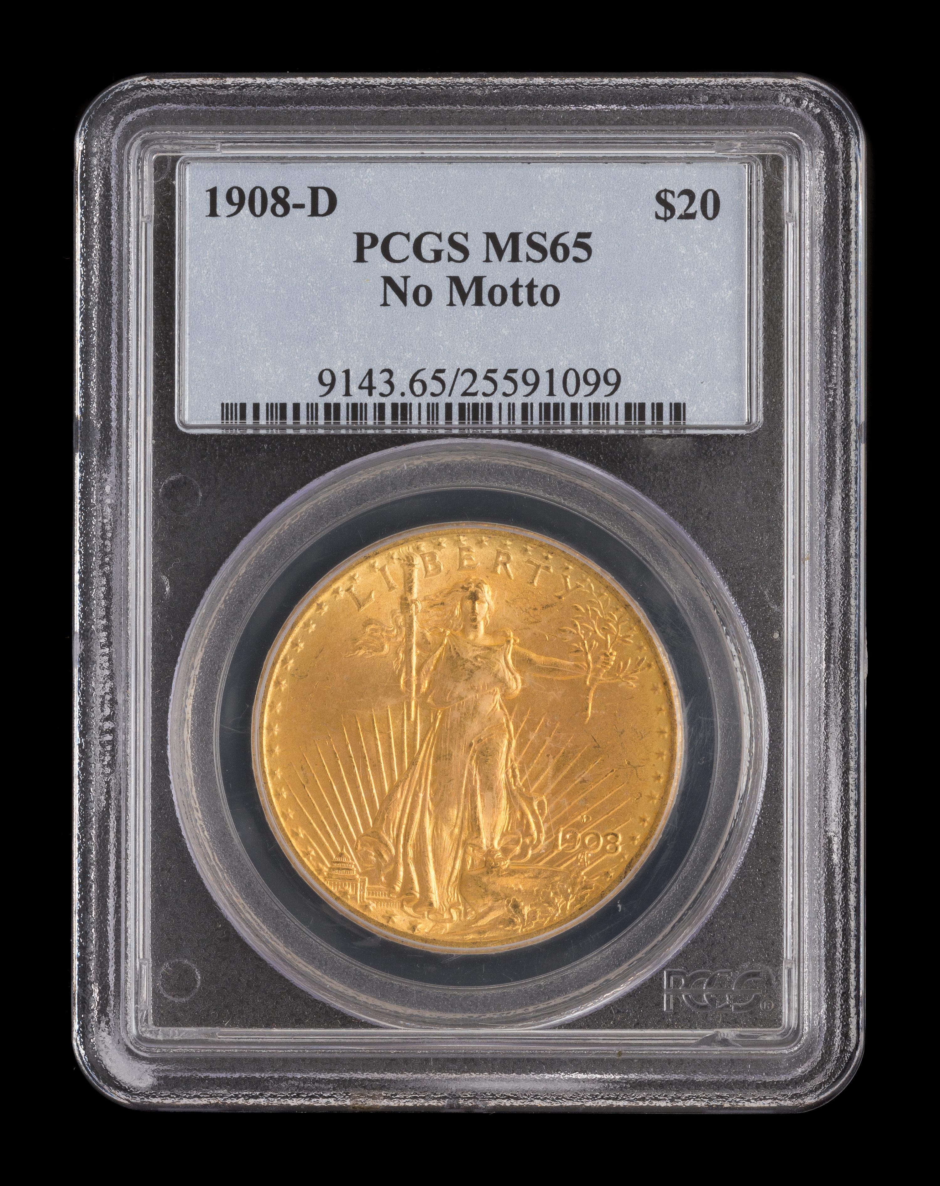 A United States 1908-D Saint-Gaudens: No Motto $20 Gold Coin