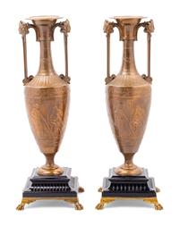 A Pair of French Neoclassical Gilt Bronze Urns by Henry Cahieux (French, 1825-1854)