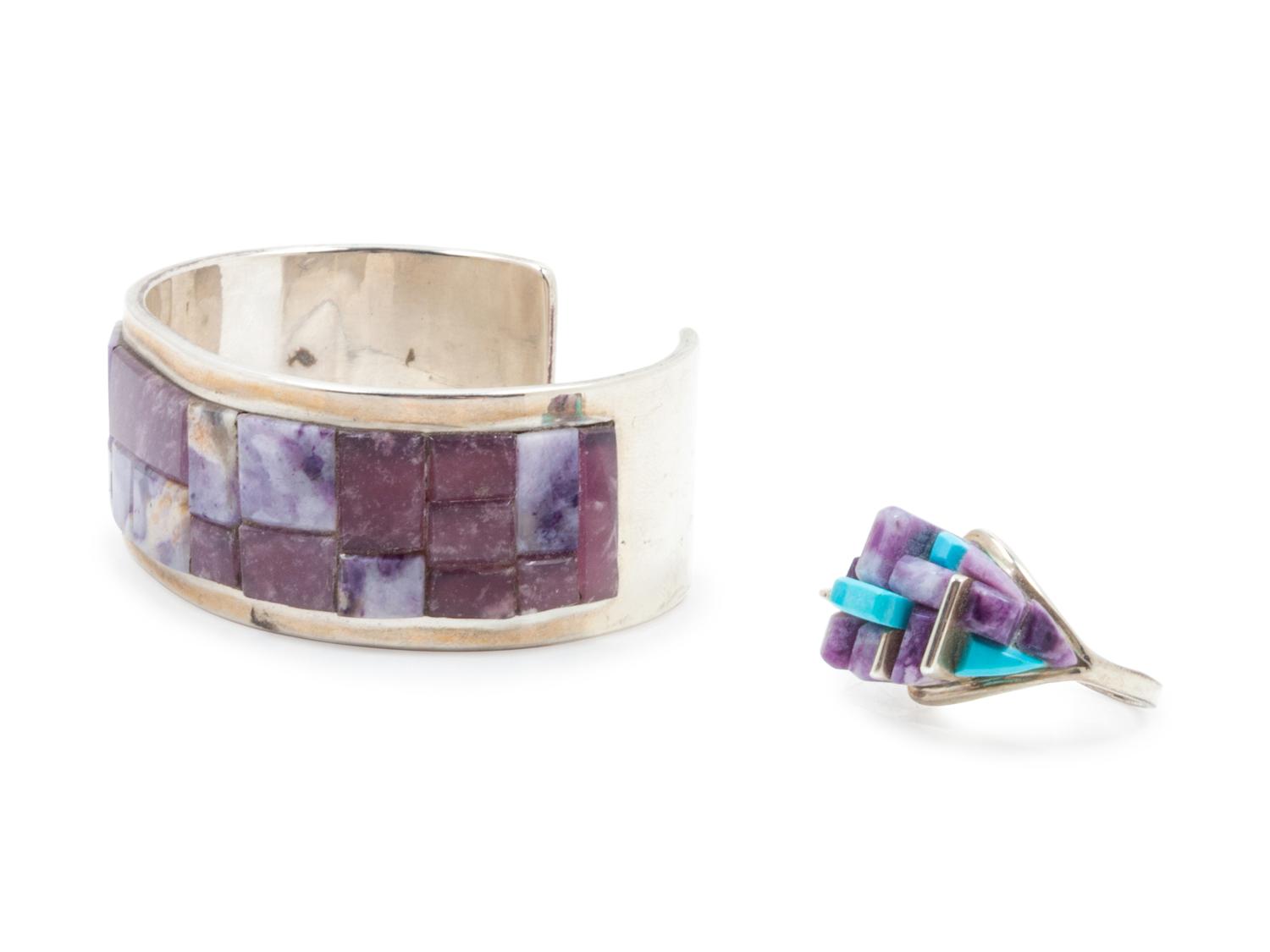 Lepidolite, Rhodochrosite and Silver Cuff Bracelet, together with Turquoise and Charoite ring