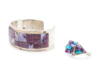 Lepidolite, Rhodochrosite and Silver Cuff Bracelet, together with Turquoise and Charoite ring