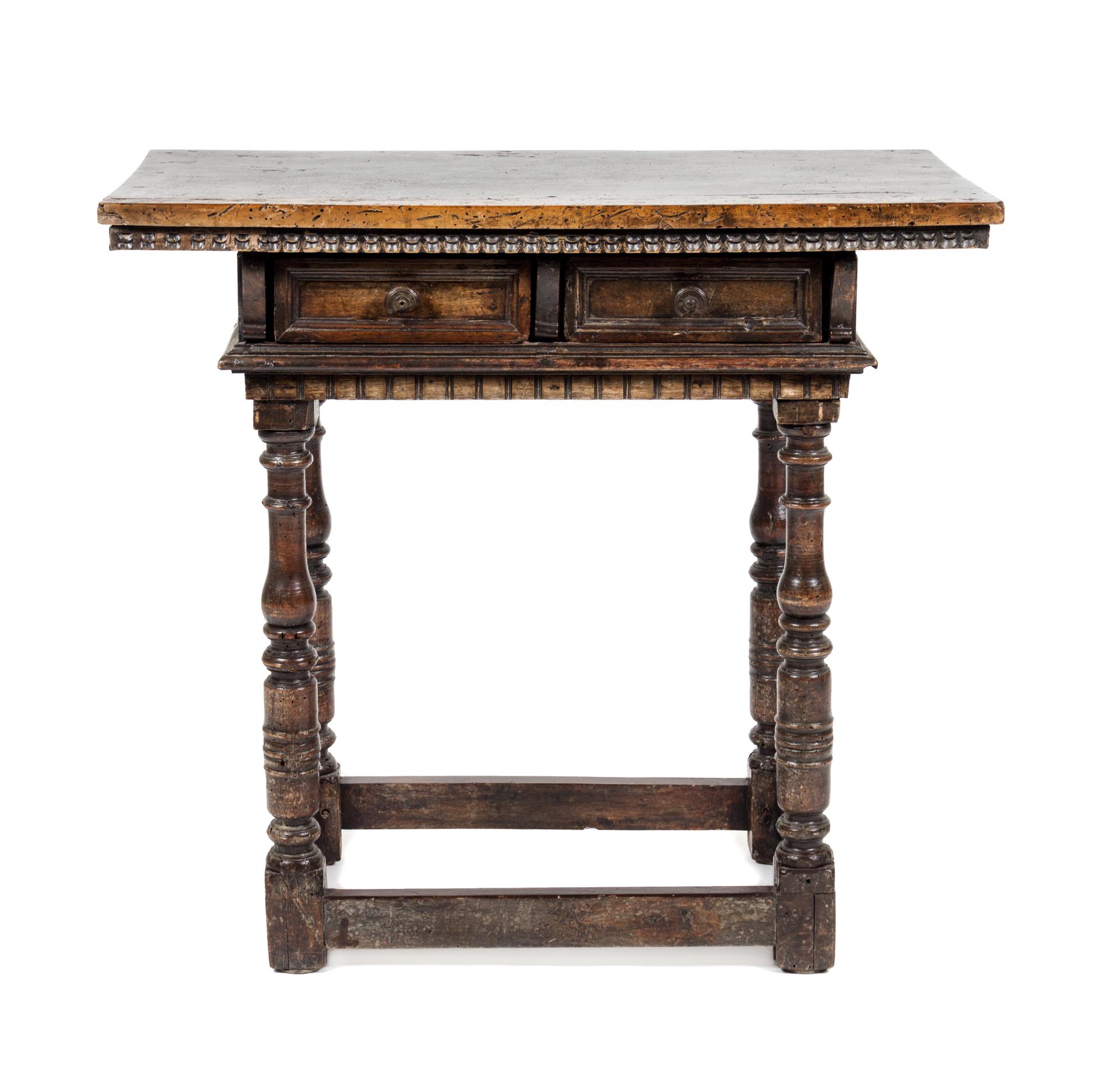 A Jacobean Style Walnut Side Table Height 30 1/2 x width 33 x depth 18 1/2 inches.