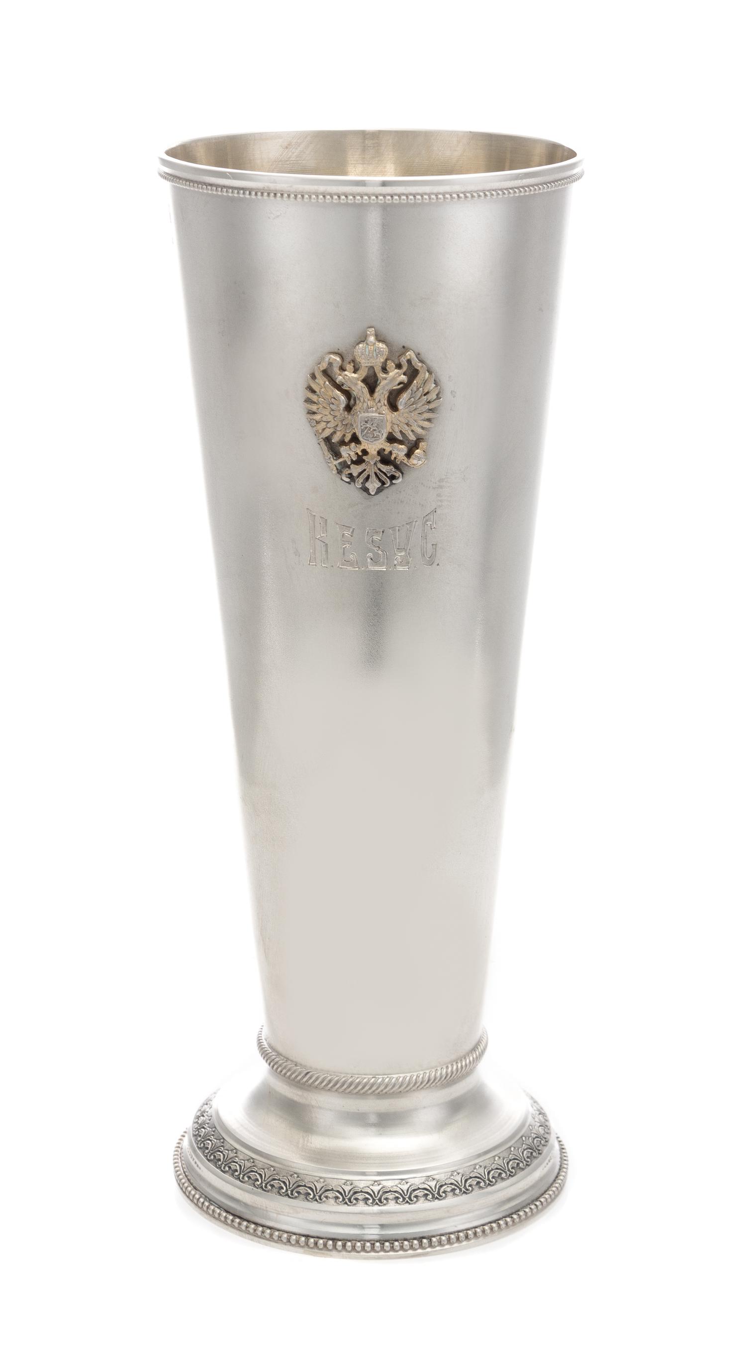 A Russian Silver Beaker, Maker's Mark Obscured, St. Petersburg, Late 19th/Early 20th Century, of tapering cylindrical form, the body wi