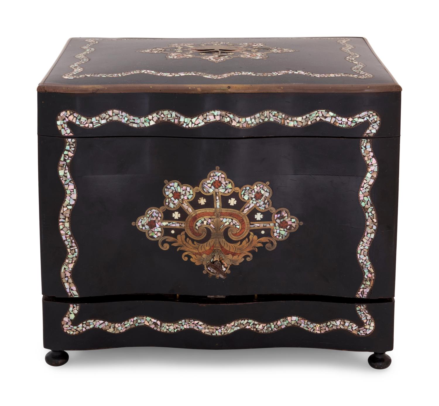 A Napoleon III Brass and Mother-of-Pearl Inlaid Ebonized Cave à Liqueur