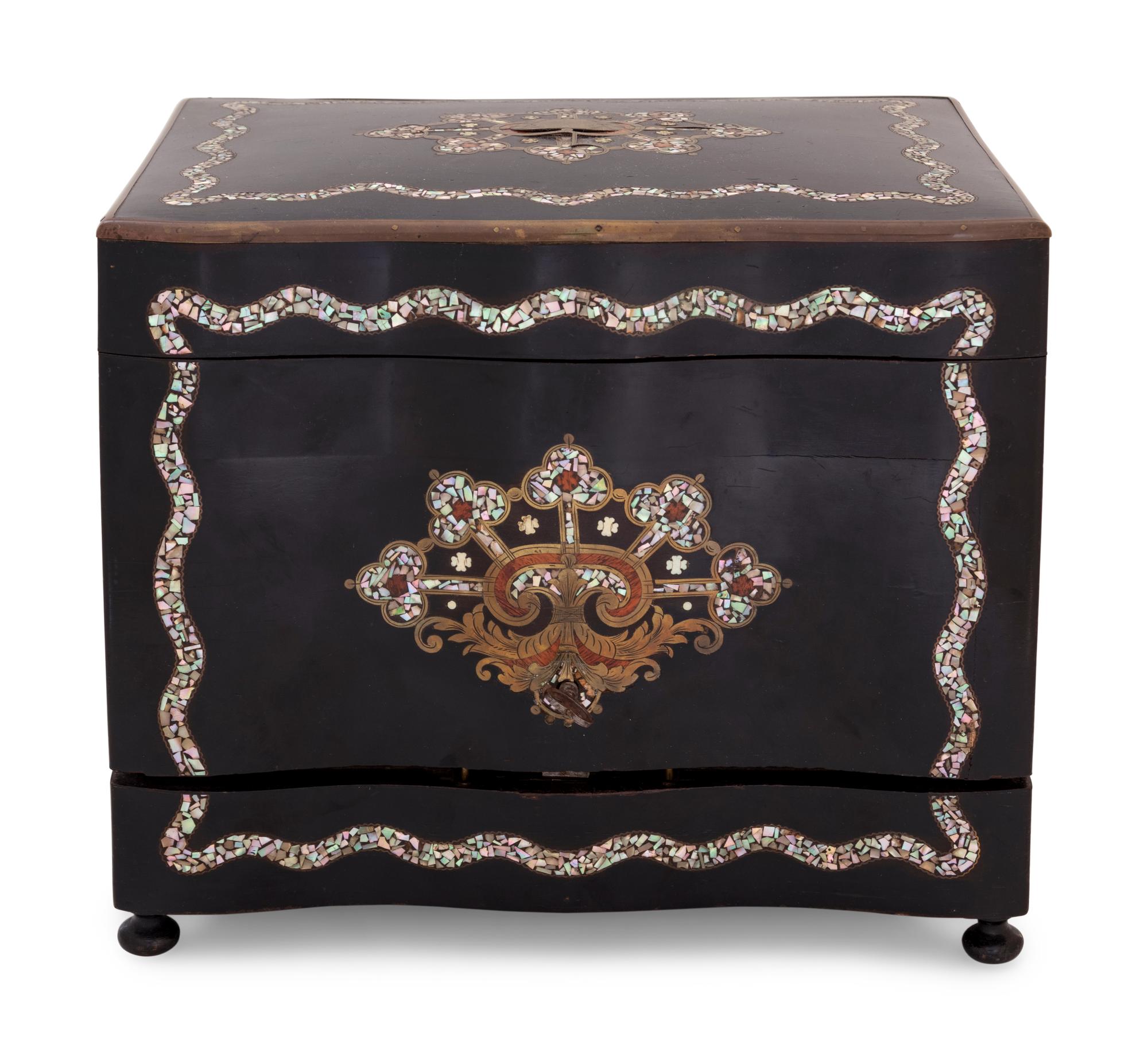 A Napoleon III Brass and Mother-of-Pearl Inlaid Ebonized Cave à Liqueur