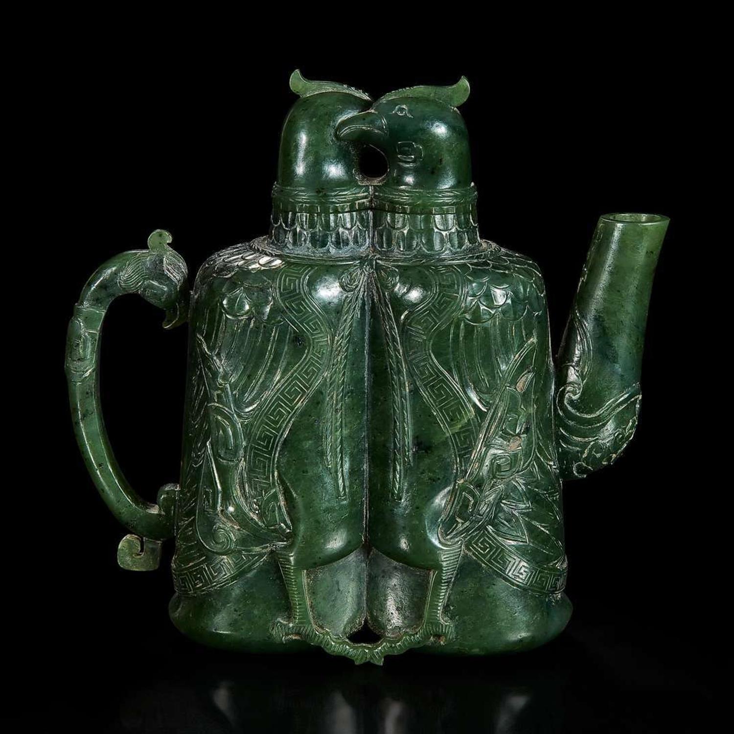 An unusual Chinese spinach jade archaistic "Double-bird" ewer 双天鸡碧玉壶