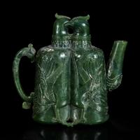 An unusual Chinese spinach jade archaistic "Double-bird" ewer 双天鸡碧玉壶
