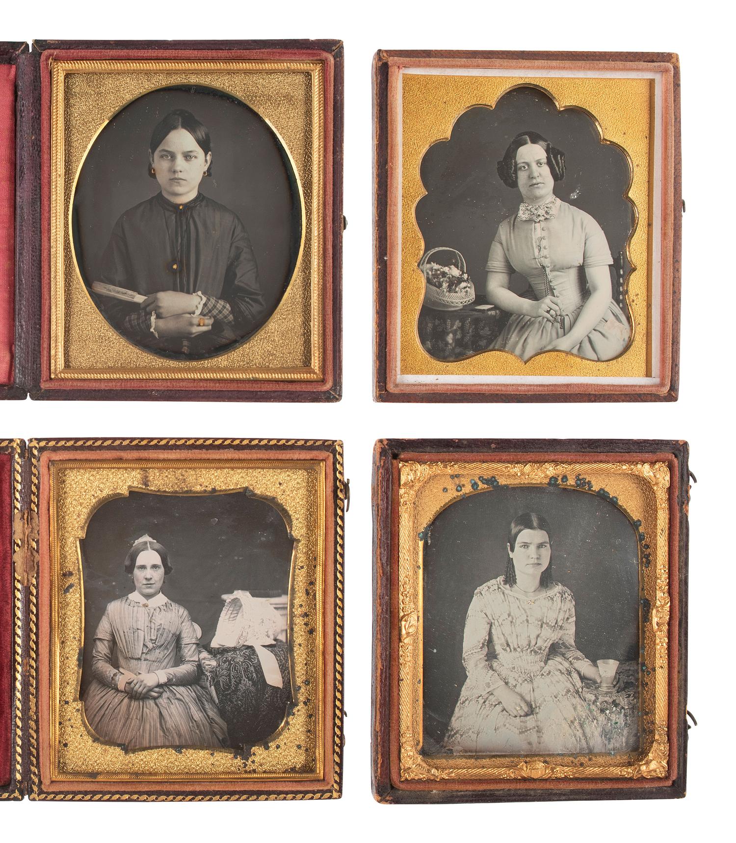 [EARLY PHOTOGRAPHY]. 15 sixth plate daguerreotypes featuring women posed with fans, purses, floral arrangements, and other objects.