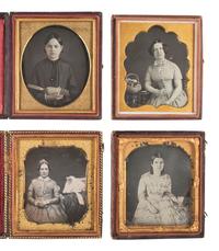 [EARLY PHOTOGRAPHY]. 15 sixth plate daguerreotypes featuring women posed with fans, purses, floral arrangements, and other objects.