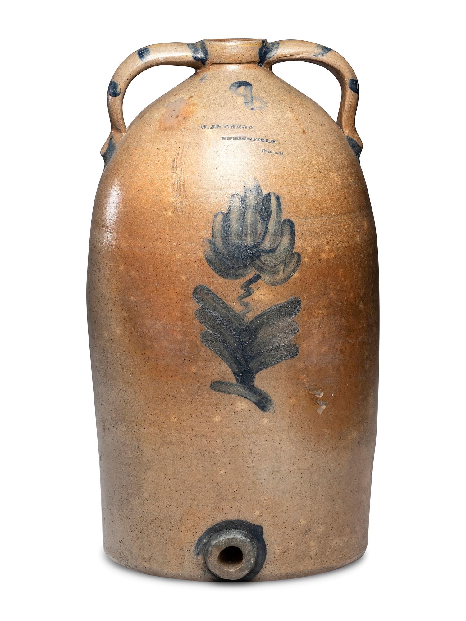 A Schrop Eight-Gallon Cobalt Decorated Stoneware Cooler