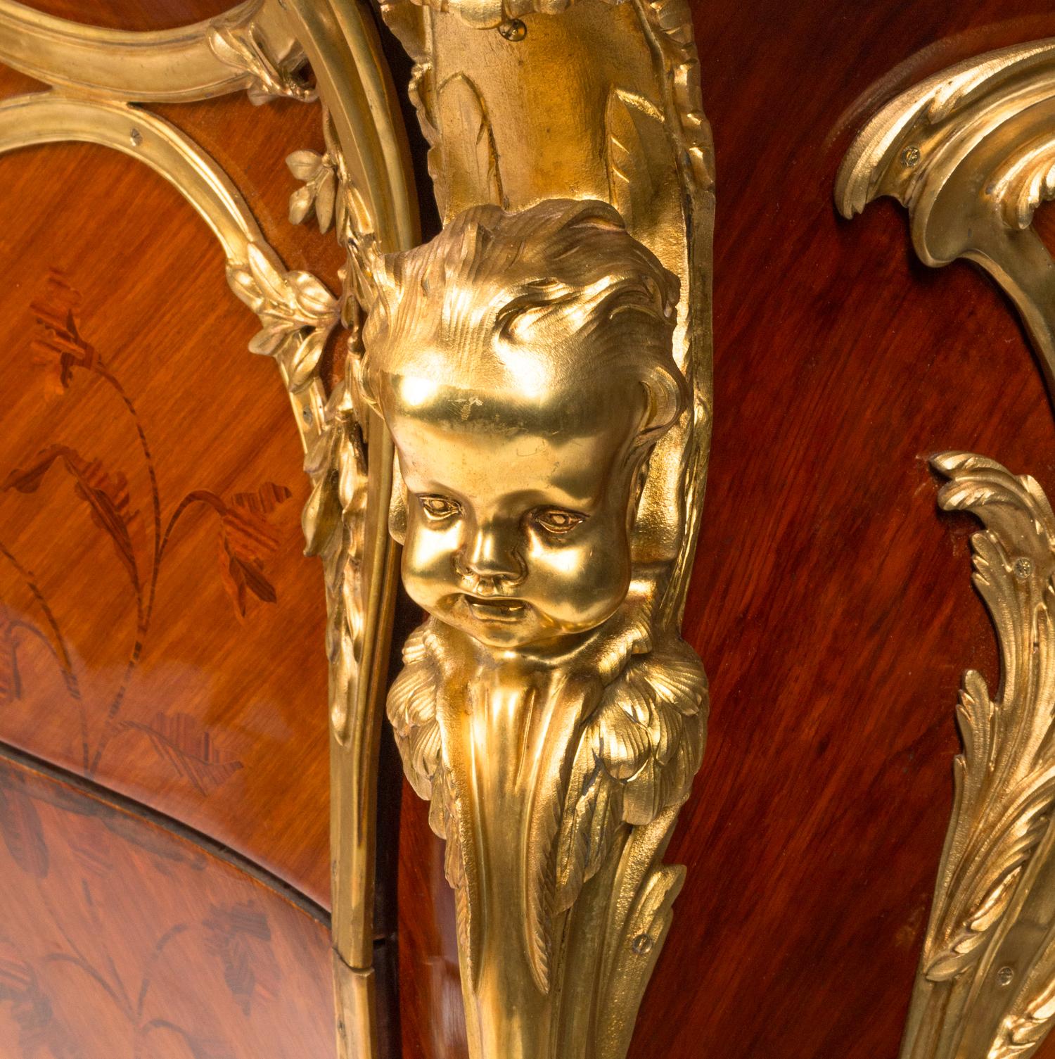 A Pair of Louis XV Style Gilt Bronze Mounted Marquetry Marble-Top Commodes