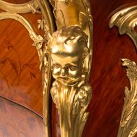 A Pair of Louis XV Style Gilt Bronze Mounted Marquetry Marble-Top Commodes