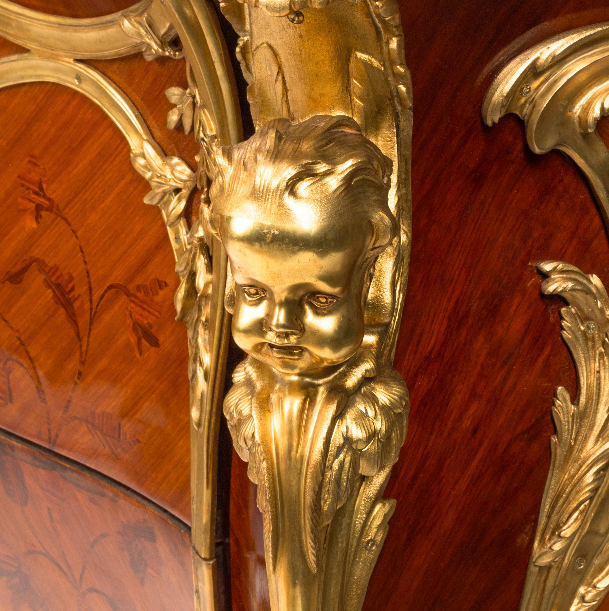 A Pair of Louis XV Style Gilt Bronze Mounted Marquetry Marble-Top Commodes